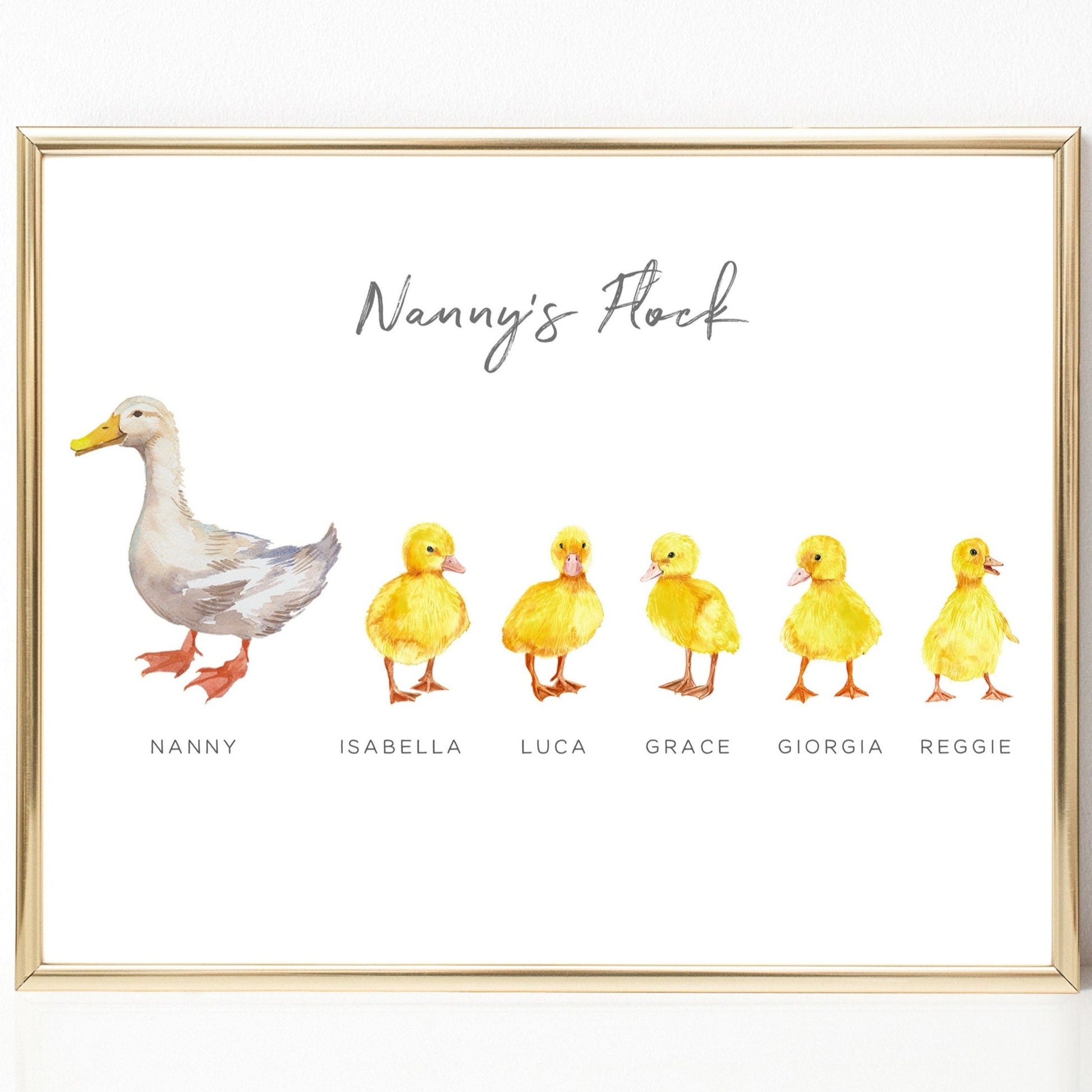watercolour nannys flock duck print personalised with names unframed matte paperstock grandma gift