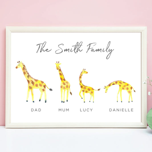 watercolour giraffe family print personalised with names unframed matte paperstock