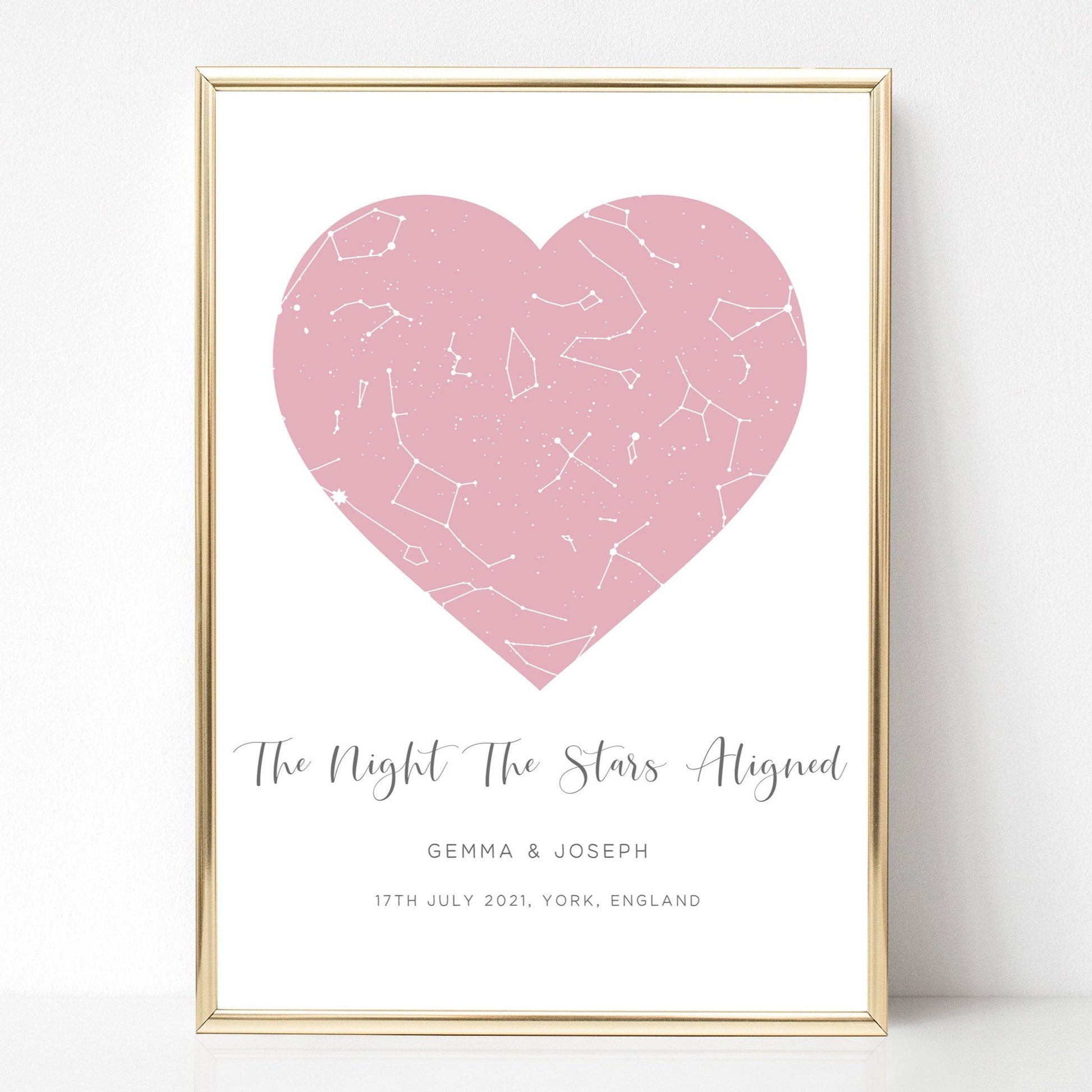 blush pink heart shaped star map print couples engagement the night the stars aligned personalised matte paperstock unframed