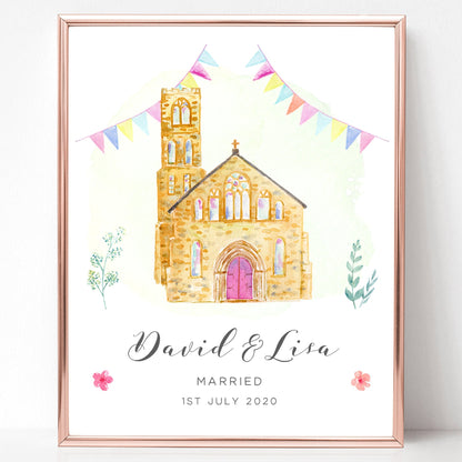 watercolour church wedding print personalised matte smooth white paperstock unframed