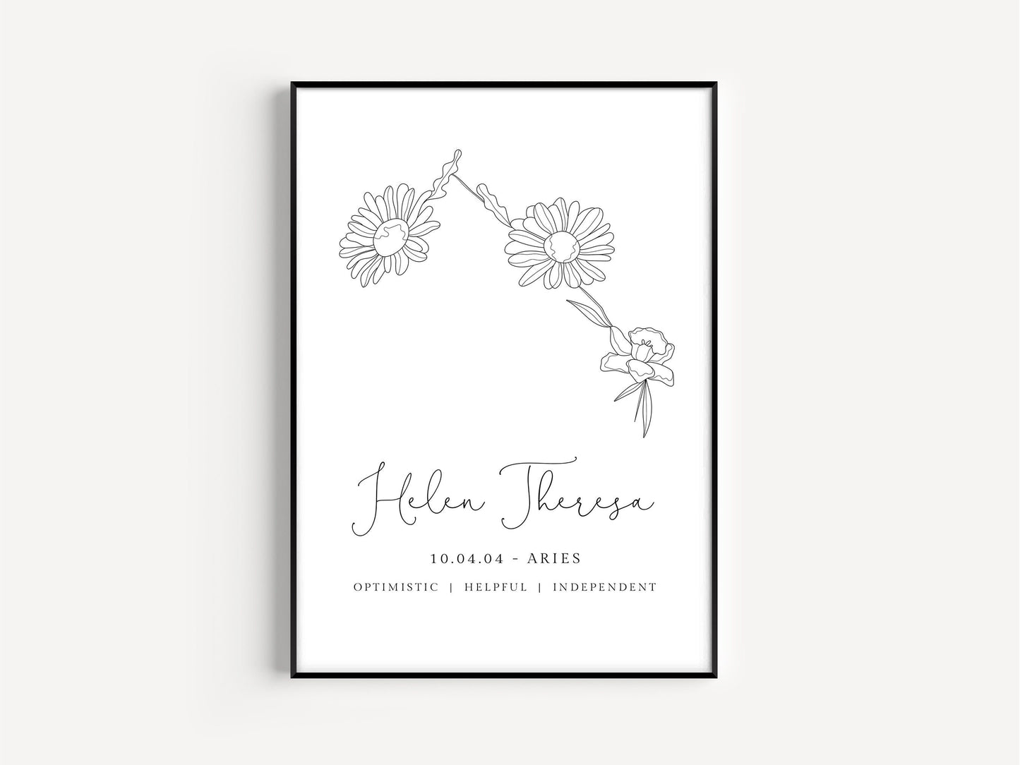 Astrology Posters Personalised, Aries Birth Flower Design