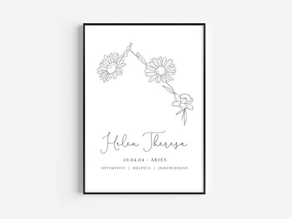 Astrology Posters Personalised, Aries Birth Flower Design