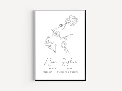 Zodiac Print Personalized, Aquarius Birth Flower Design