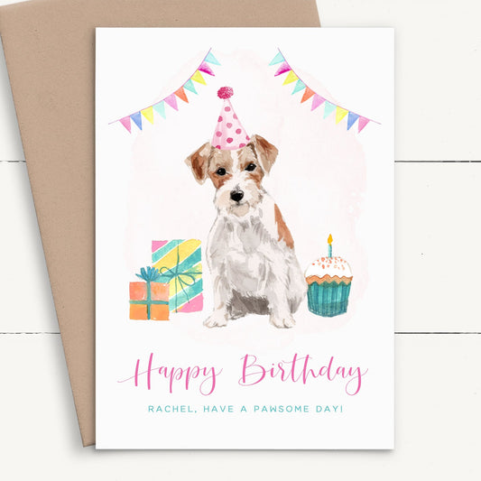 girls cute watercolour jack russell birthday card personalised smooth matte white cardstock kraft brown envelope