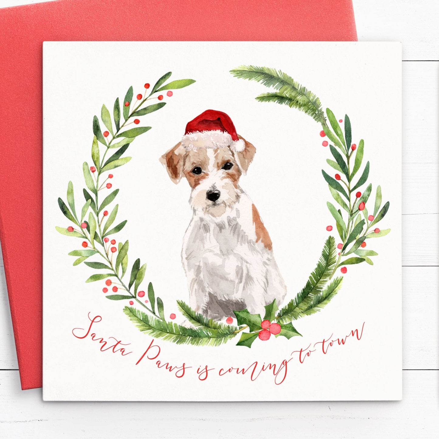 jack russell santa paws pack of christmas card pun choice of quantity matte white cardstock red envelope