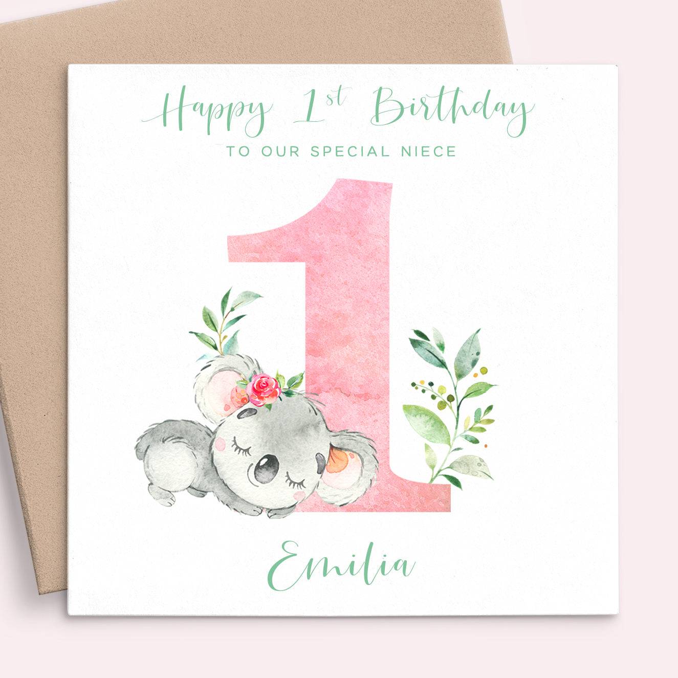 Pink watercolour koala first birthday card special niece personalised with name square white cardstock kraft brown envelope