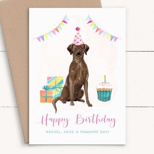 girls cute watercolour labrador birthday card personalised smooth matte white cardstock kraft brown envelope