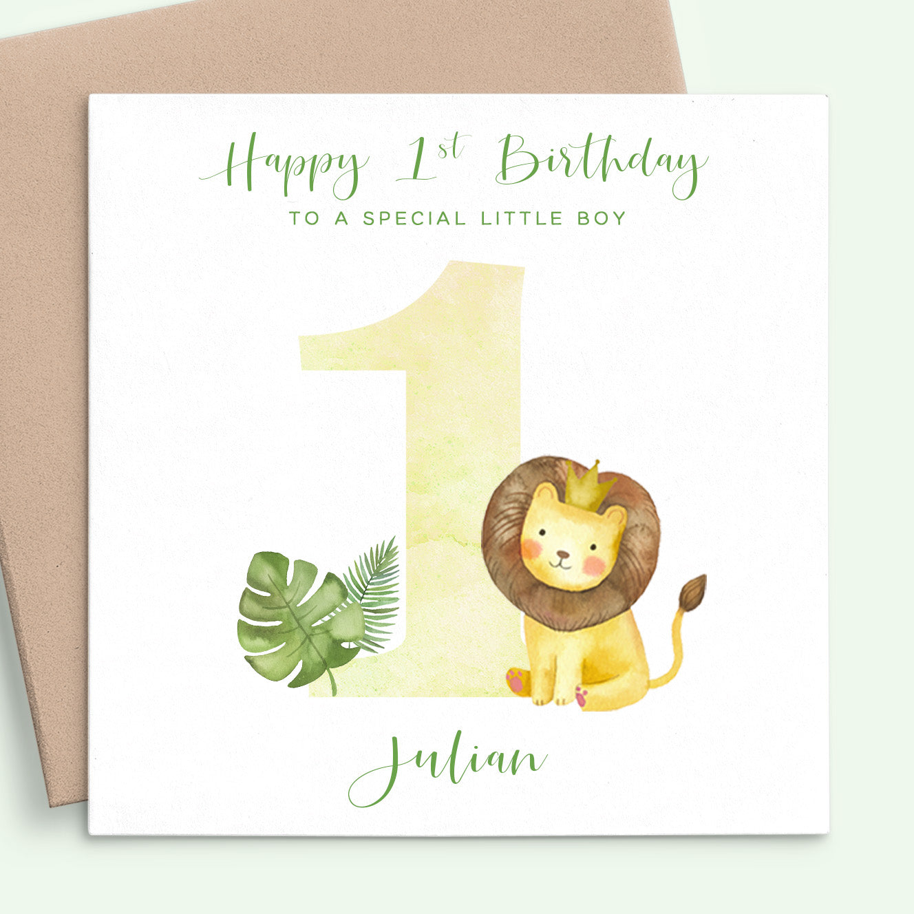 yellow green watercolour lion first birthday card special boy personalised with name square white cardstock kraft brown envelope