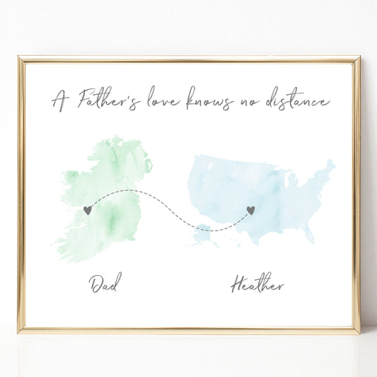 long distance map print father daughter son personalised watercolour countries unframed
