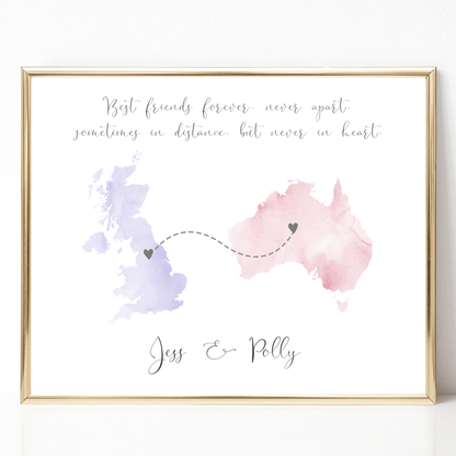 long distance map print friendship best friends personalised watercolour countries unframed