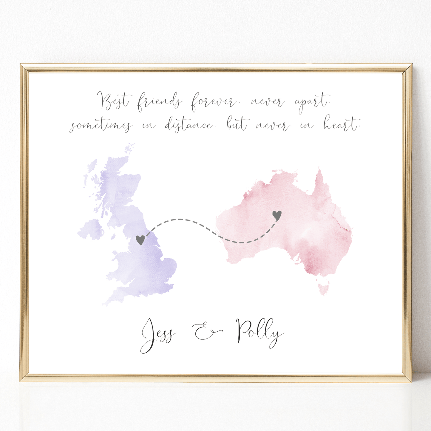 long distance map print friendship best friends personalised watercolour countries unframed