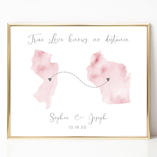 long distance map print personalised couple love knows no distance watercolour countries hearts unframed