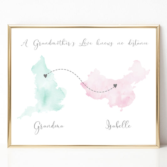 long distance map print personalised grandmother granddaughter watercolour countries hearts unframed