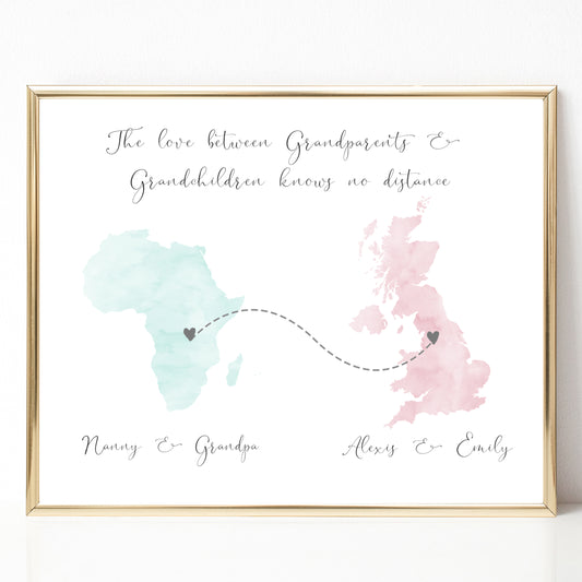 long distance map print grandparents grandchildren watercolour countries hearts unframed