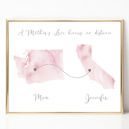 long distance map print personalised mother daughter watercolour countries unframed