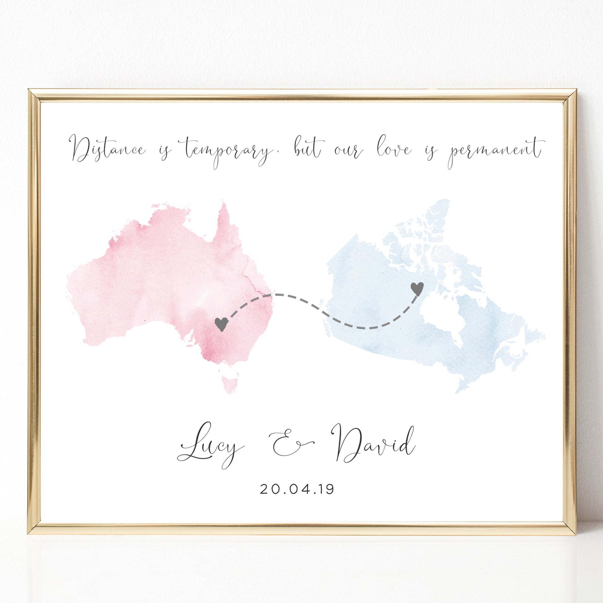 long distance couple map print personalised unframed matte paperstock watercolour countries hearts