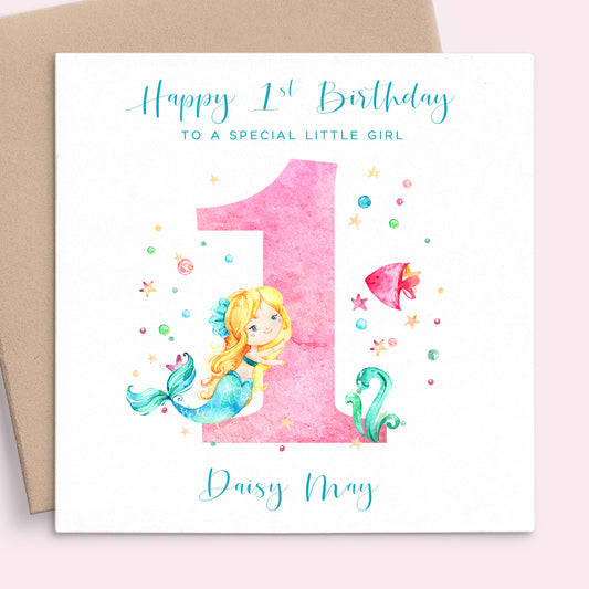 girls mermaid first birthday card personalised matte white cardstock kraft brown envelope
