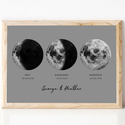 moon print grey met married engaged relationship couple print moon phases personalised unframed matte paperstock