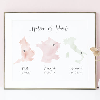 met engaged married map print personalised watercolour countries couple anniversary wedding unframed