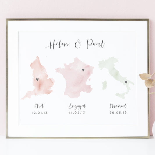 met engaged married map print personalised watercolour countries couple anniversary wedding unframed