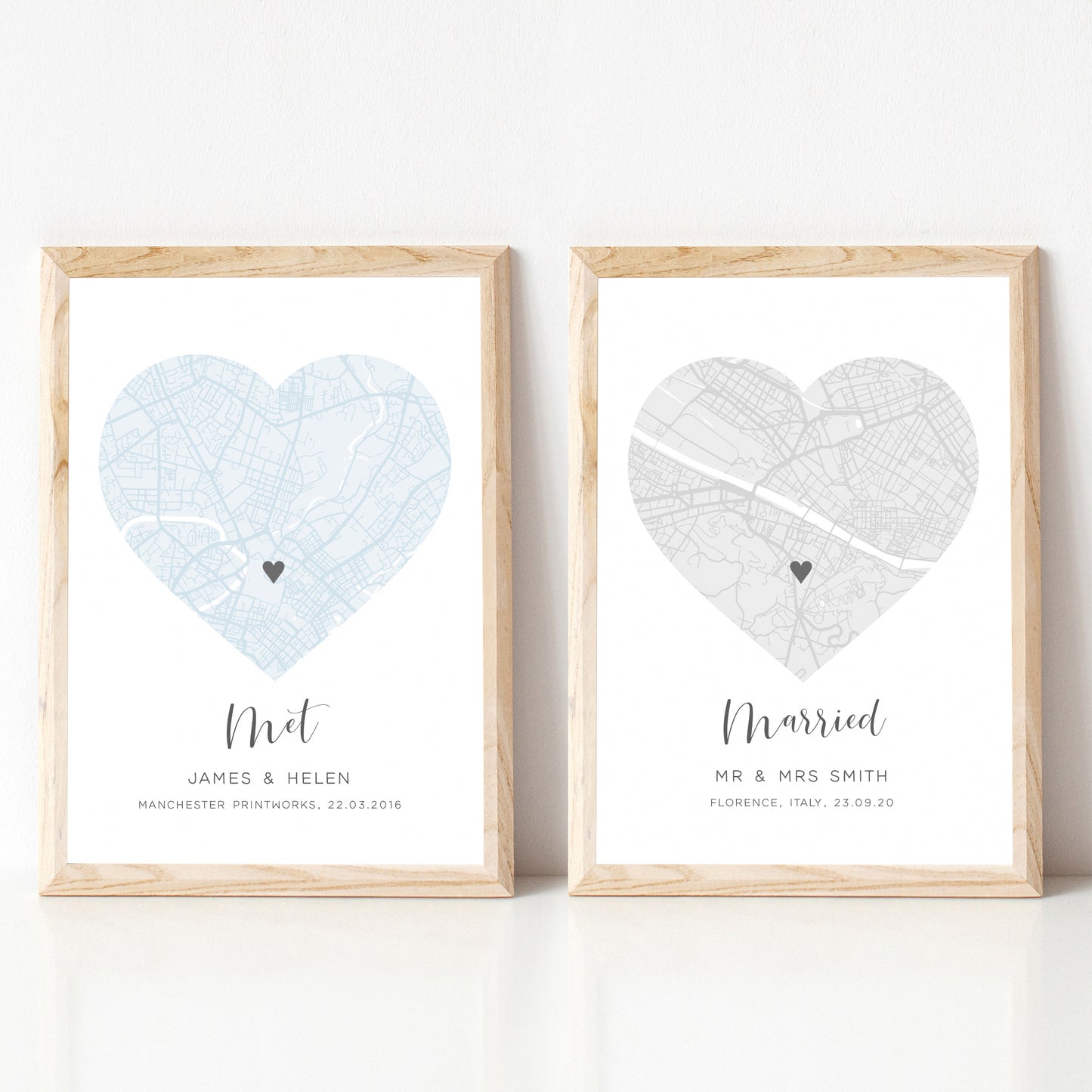 set of 2 heart city map prints custom made locations colours met married couple unframed matte white paperstock