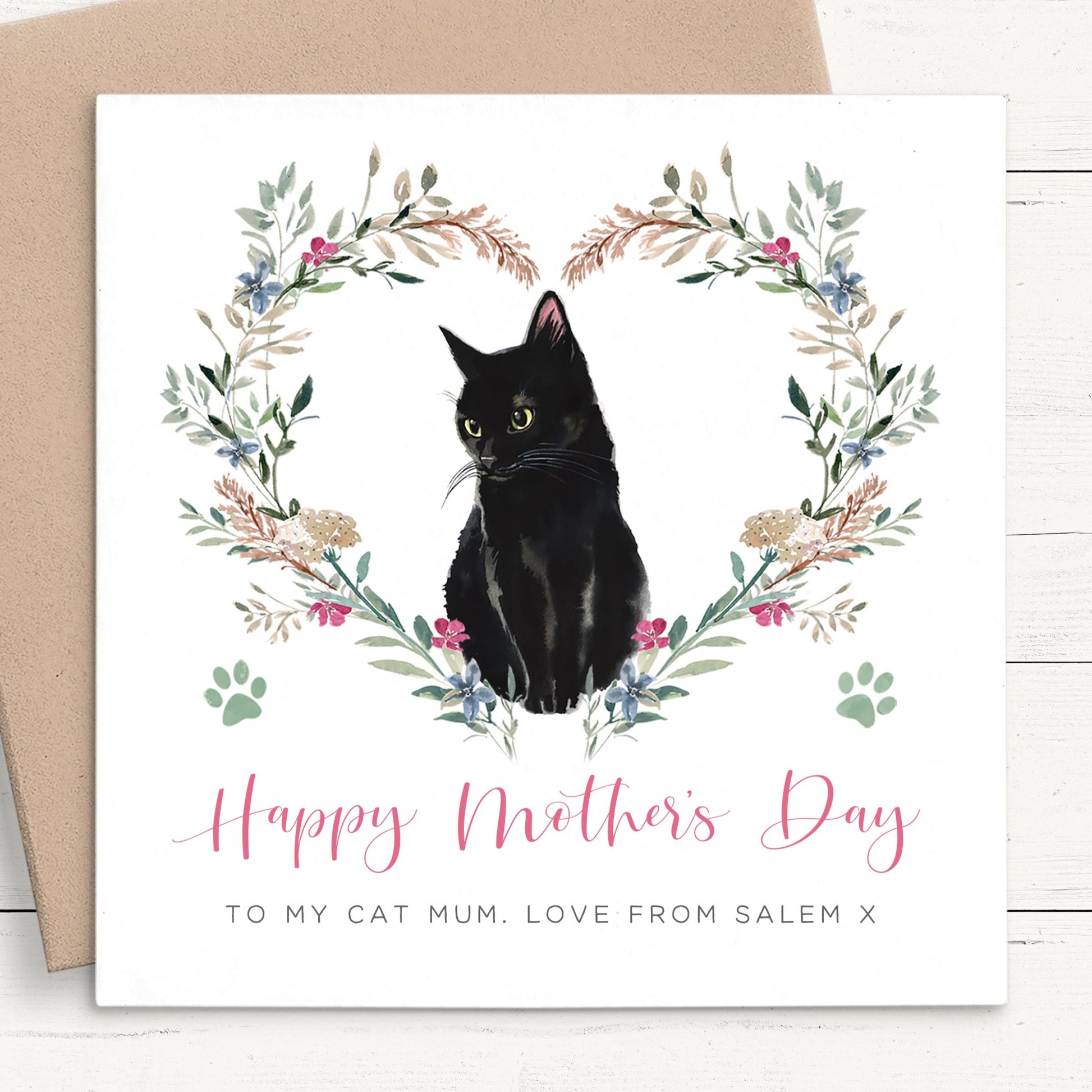 watercolour black cat mothers day card matte smooth white cardstock kraft brown envelope