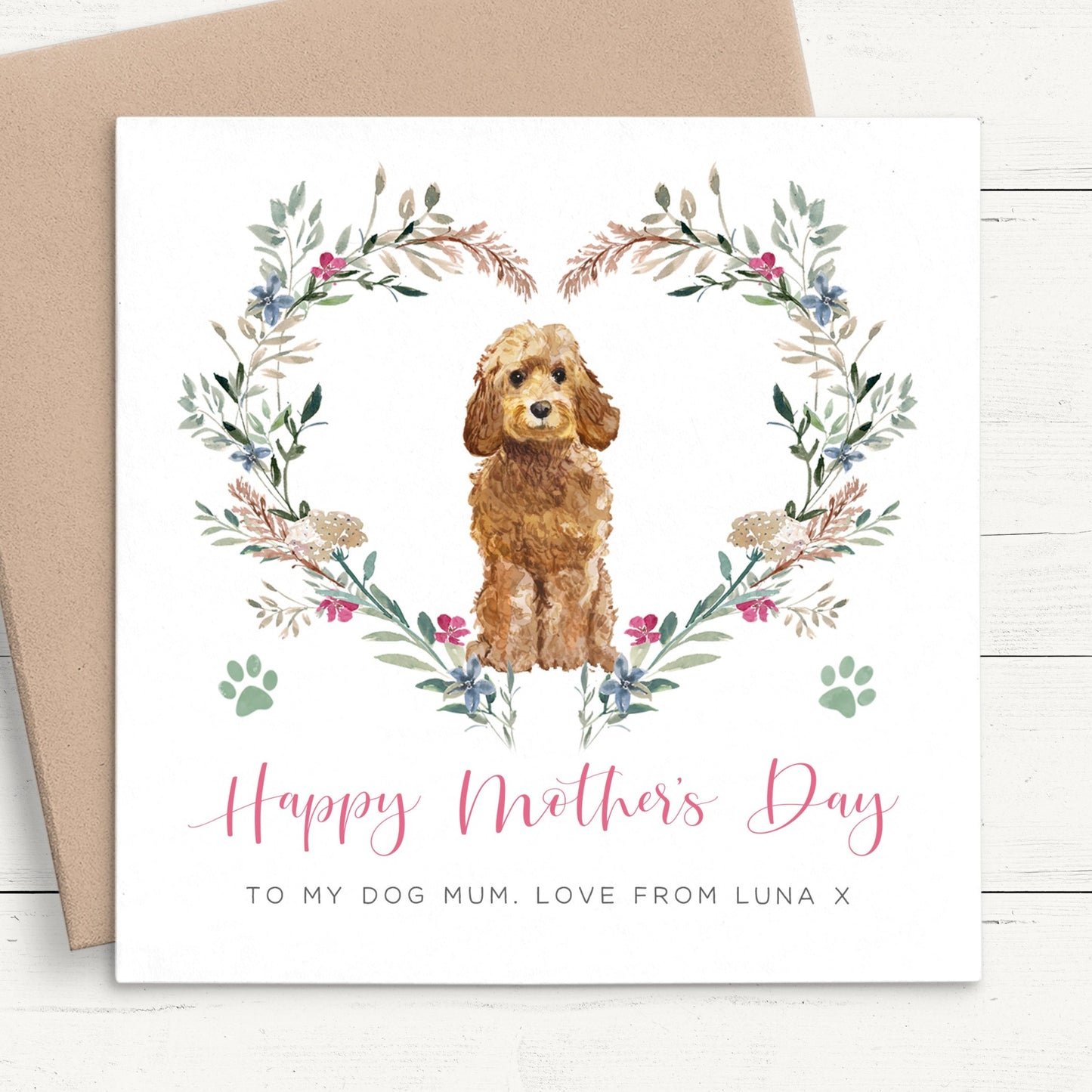 watercolour cockapoo dog mothers day card personalised matte smooth white cardstock kraft brown envelope