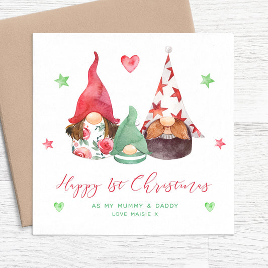 happy first christmas as my mummy and daddy card personalised gnomes gonks matte white cardstock kraft envelope