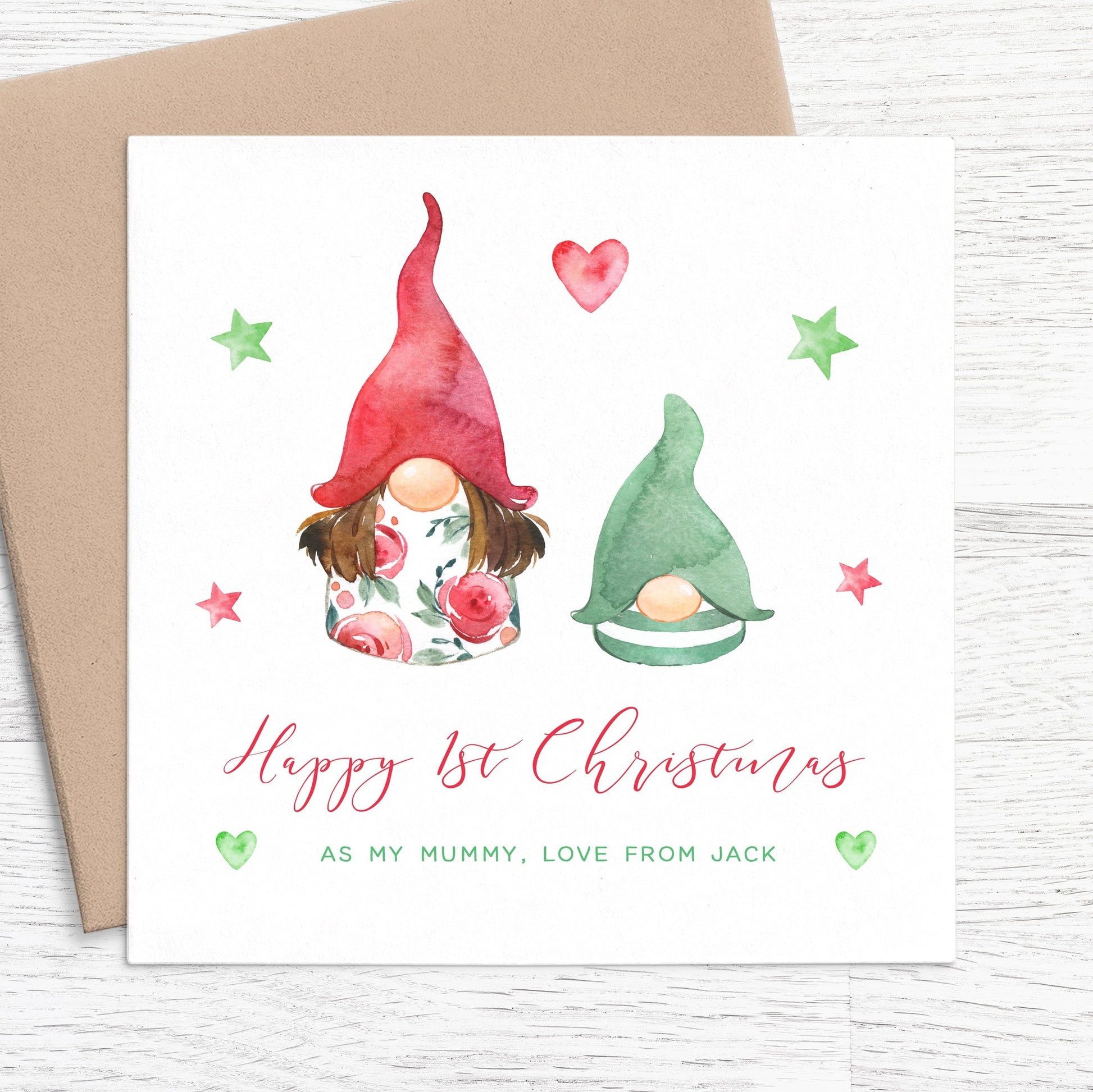 happy 1st christmas as my mummy gnome gonks personalised matte white cardstock kraft brown envelope