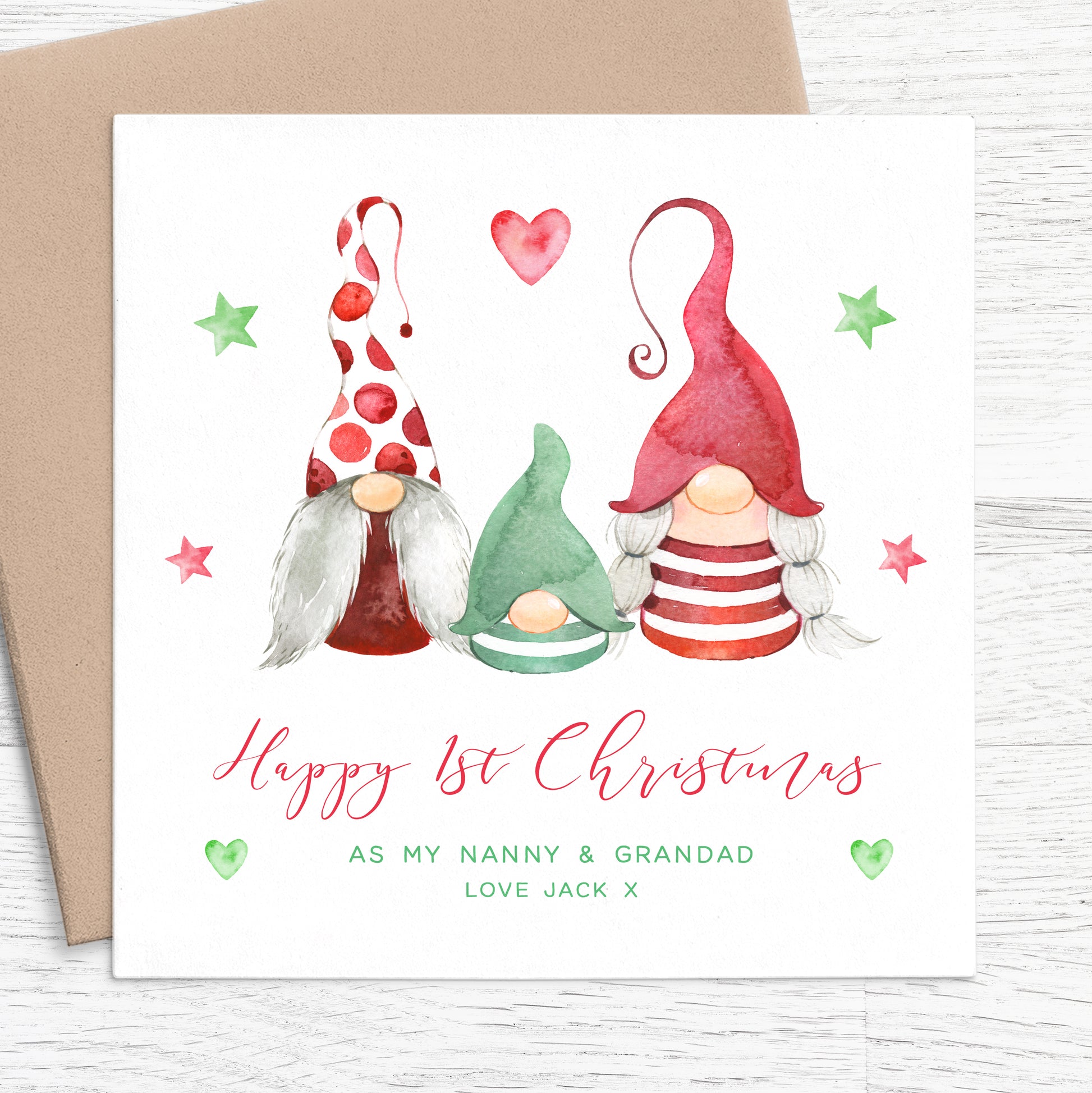 happy first christmas as my nanny and grandad card personalised gnomes gonks kraft envelope matte white cardstock