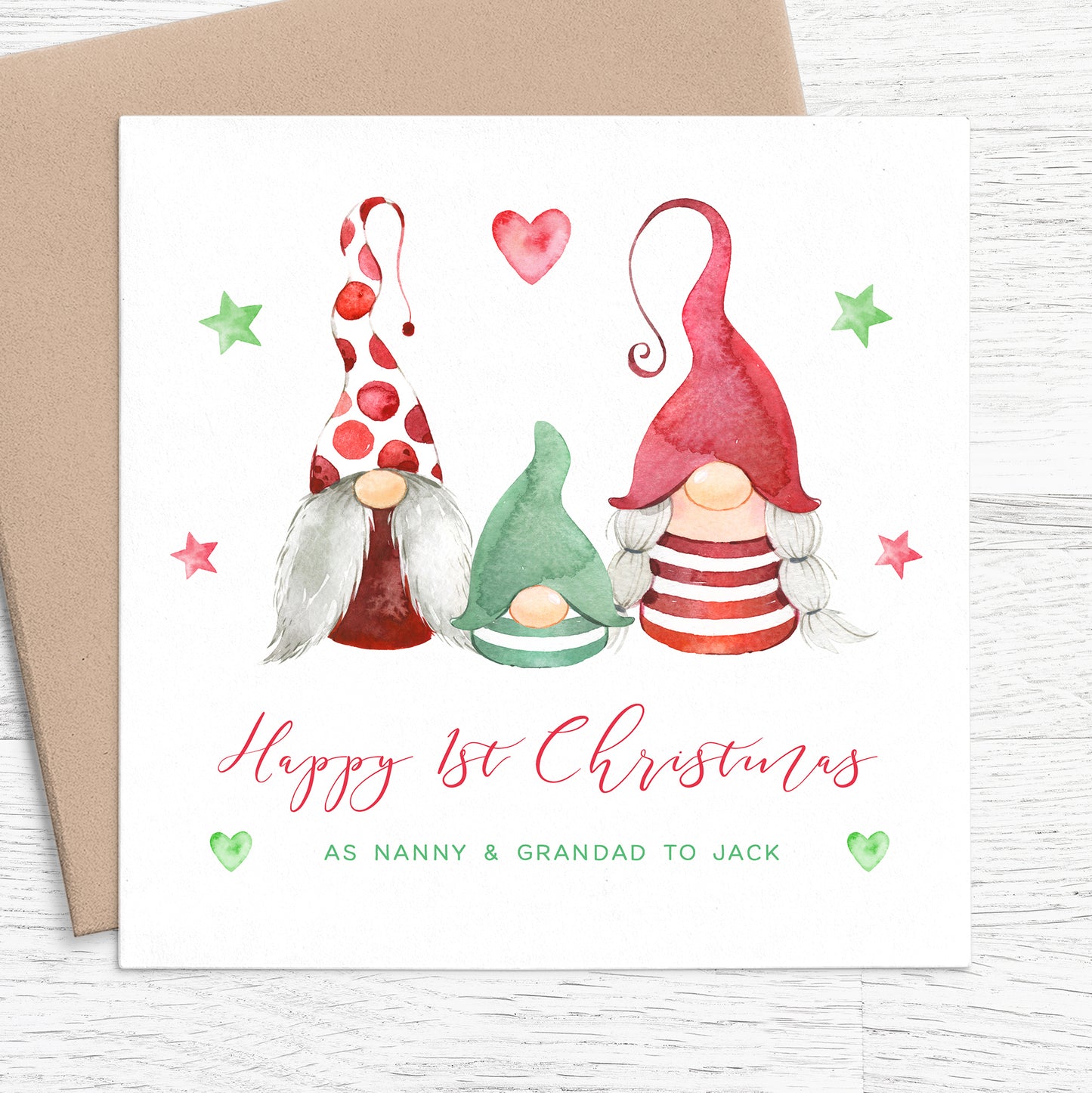 happy 1st christmas as nanny and grandad card personalised gnomes gonks kraft envelope matte white cardstock