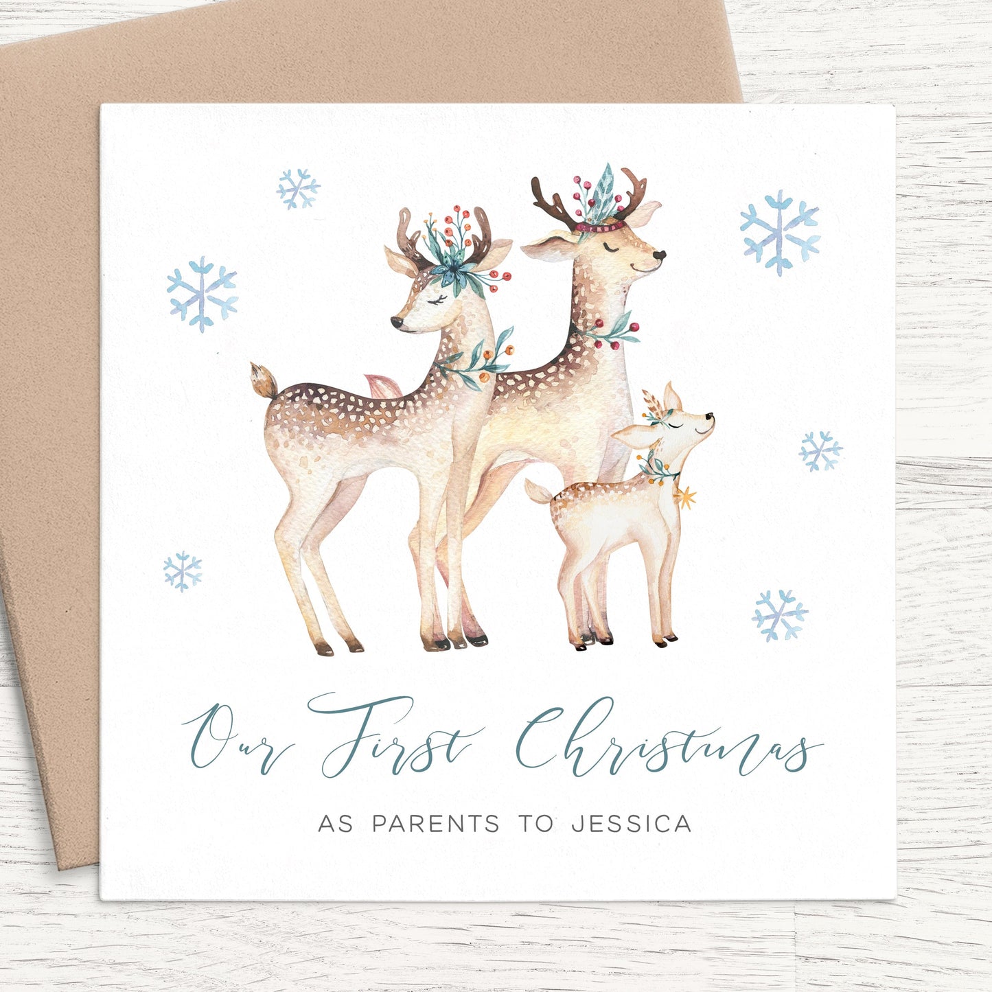 our first christmas as parents card reindeer personalised for husband wife matte white cardstock kraft brown envelope