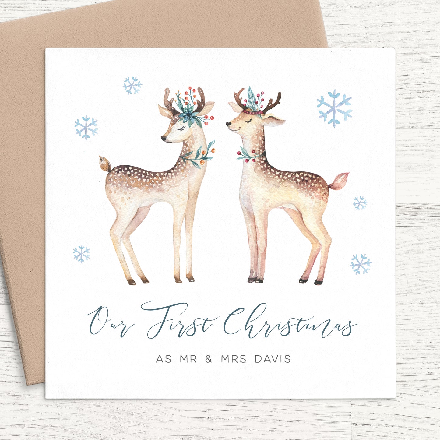 reindeer our first christmas as mr and mrs personalised christmas card matte white cardstock kraft brown envelope newly weds