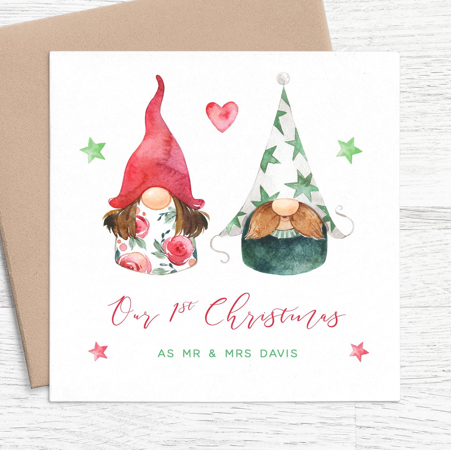 gonk gnome first christmas as mr & mrs personalised christmas card matte white cardstock kraft brown envelope newly weds
