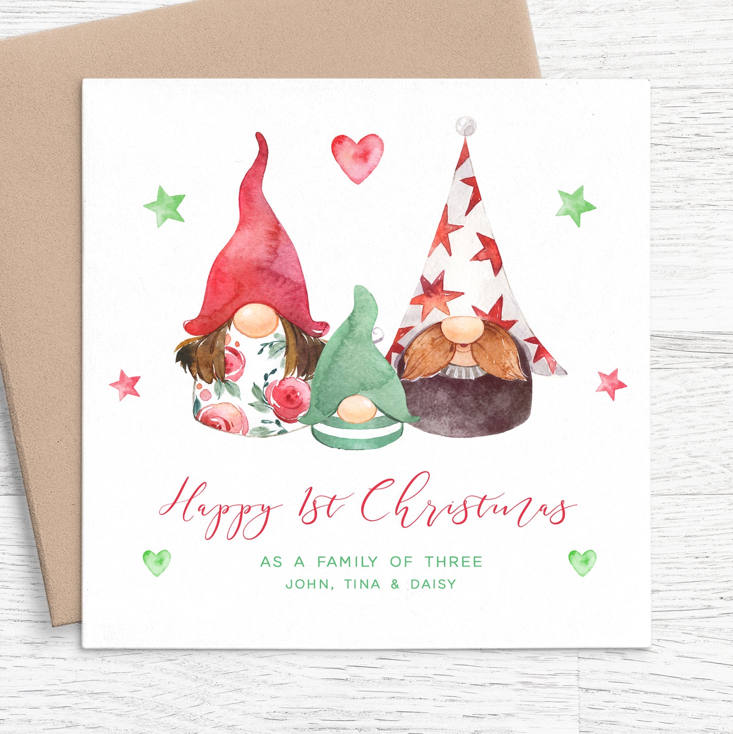 happy 1st christmas as a family of three card gnomes gonks personalised matte white cardstock kraft brown envelope
