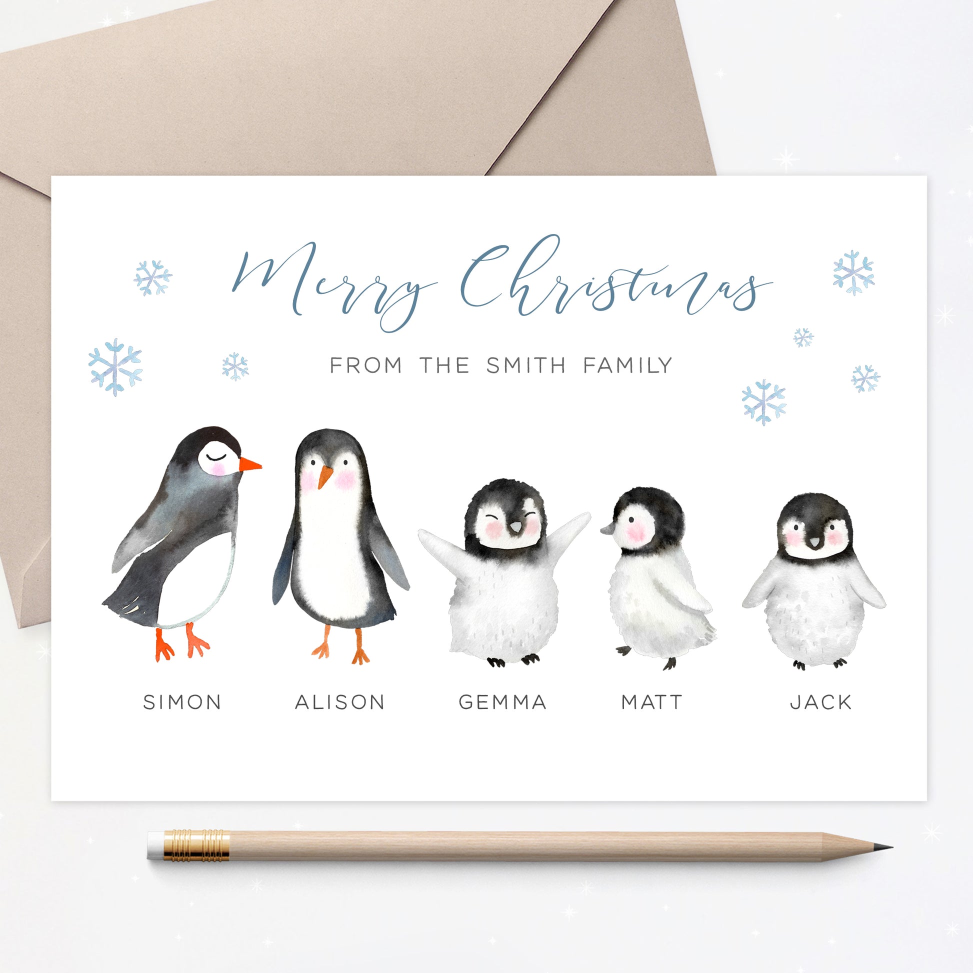 penguin merry christmas from the family pack of personalised christmas cards choice of quantity matte white card stock kraft brown envelope mum dad boy girl son daughter