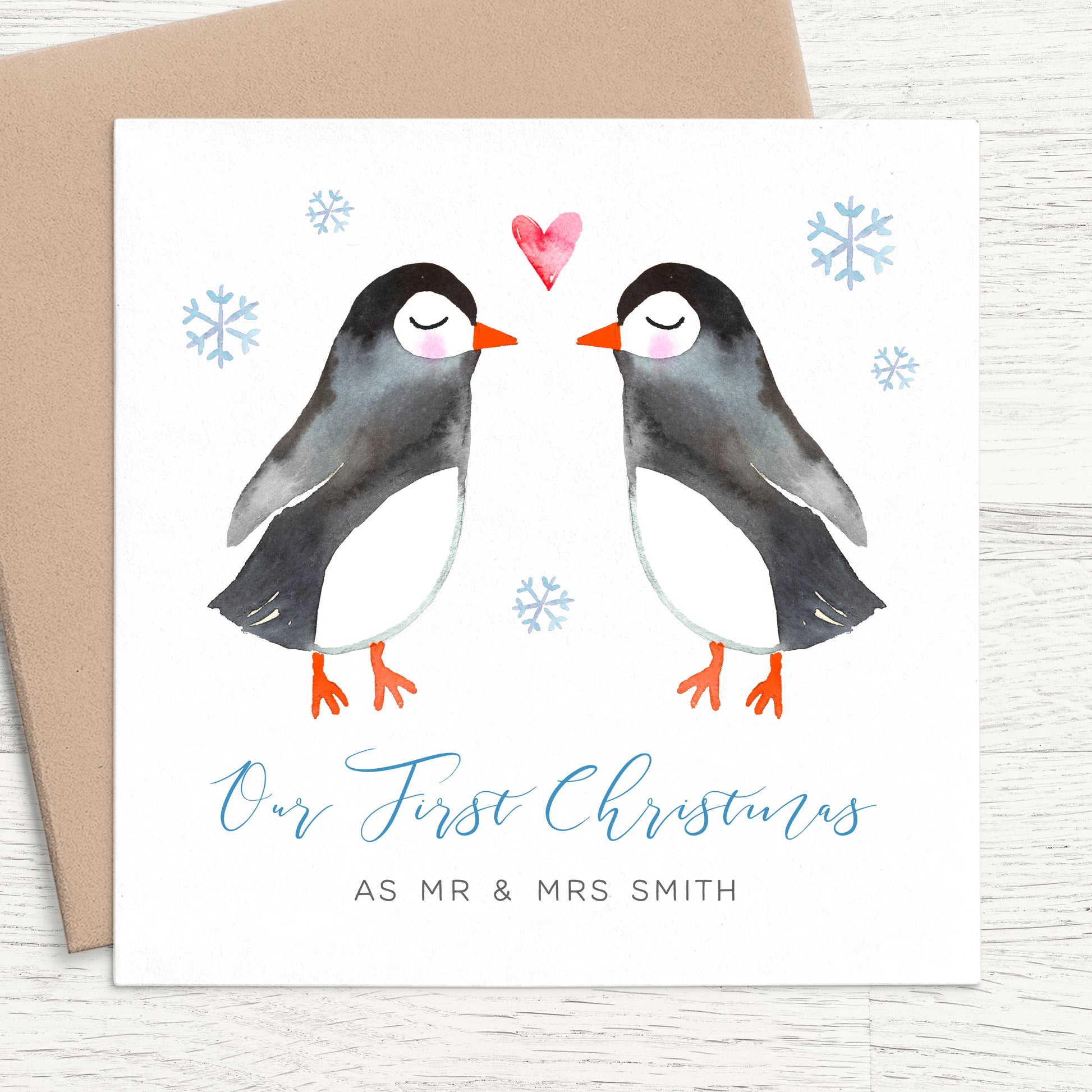 penguin first christmas married personalised christmas card matte white cardstock kraft brown envelope newly weds