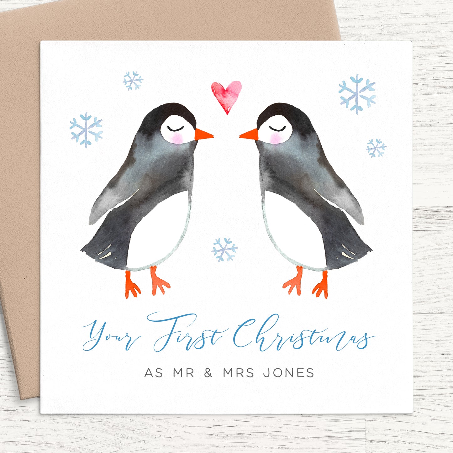 your first christmas as mr and mrs card personalised penguins matte white smooth cardstock kraft brown envelope
