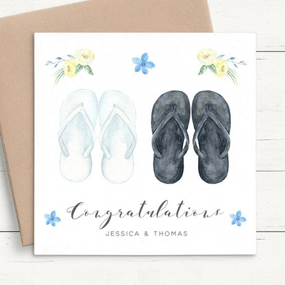 Personalised Beach Wedding Card Couple, Watercolour Flip Flops