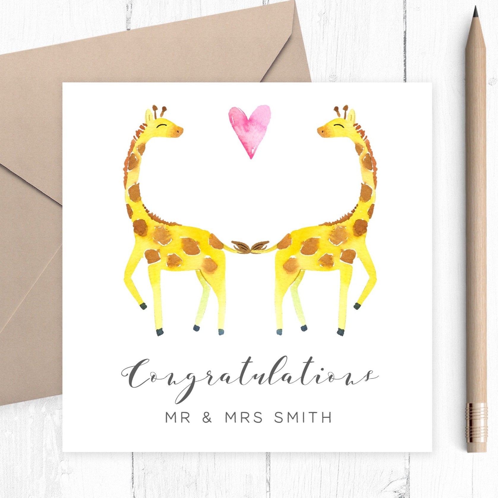 watercolour giraffe wedding card for couple personalised matte smooth white cardstock kraft brown envelope