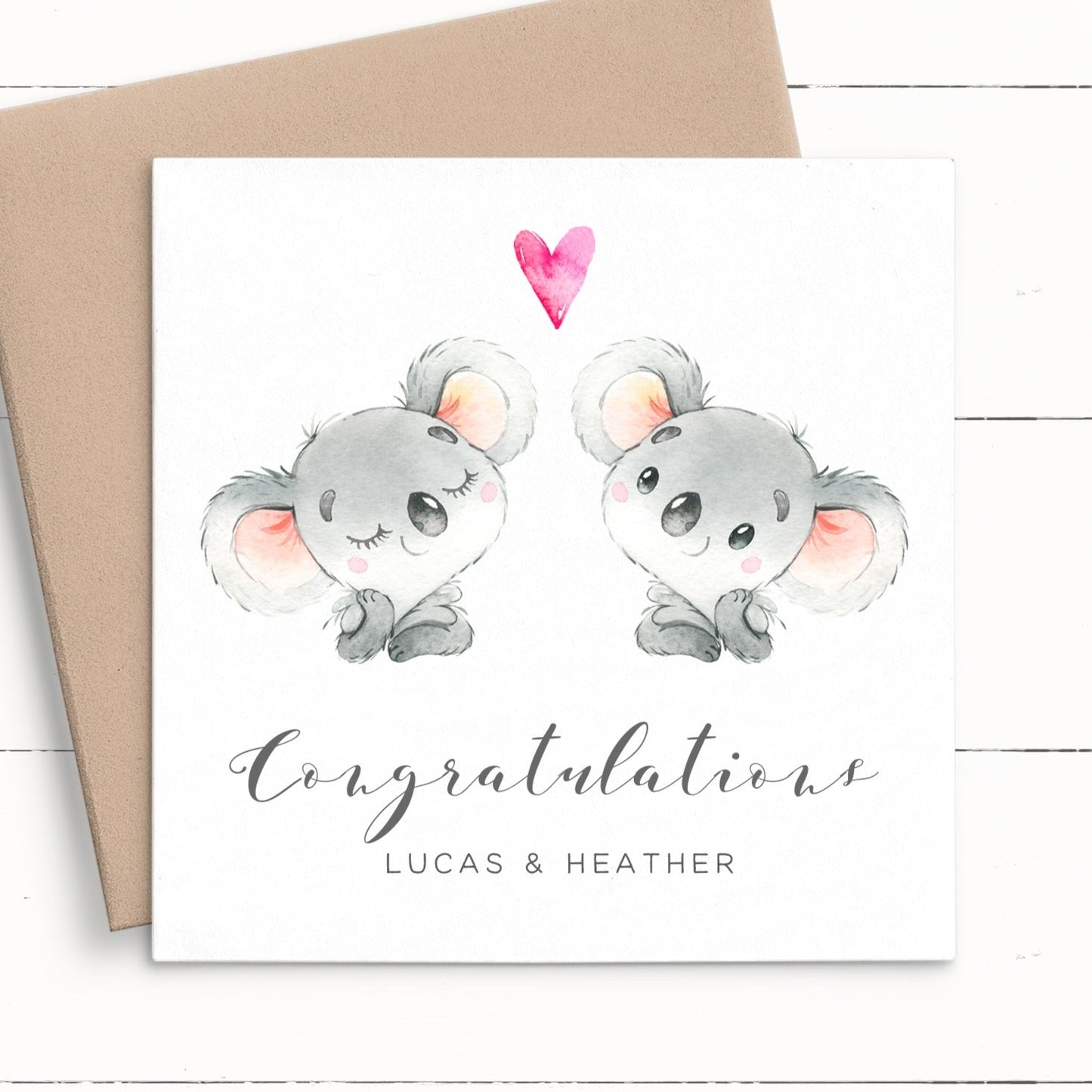wastercolour koala wedding card for couple personalised matte smooth white cardstock kraft brown envelope