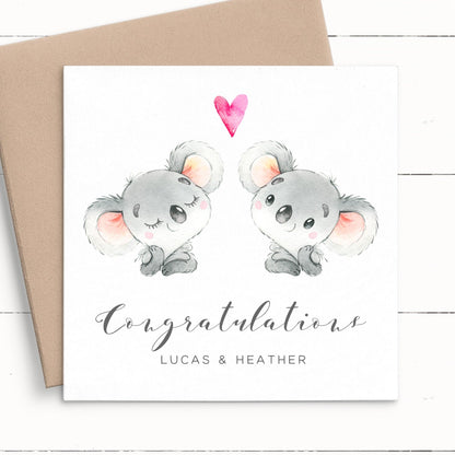 wastercolour koala wedding card for couple personalised matte smooth white cardstock kraft brown envelope