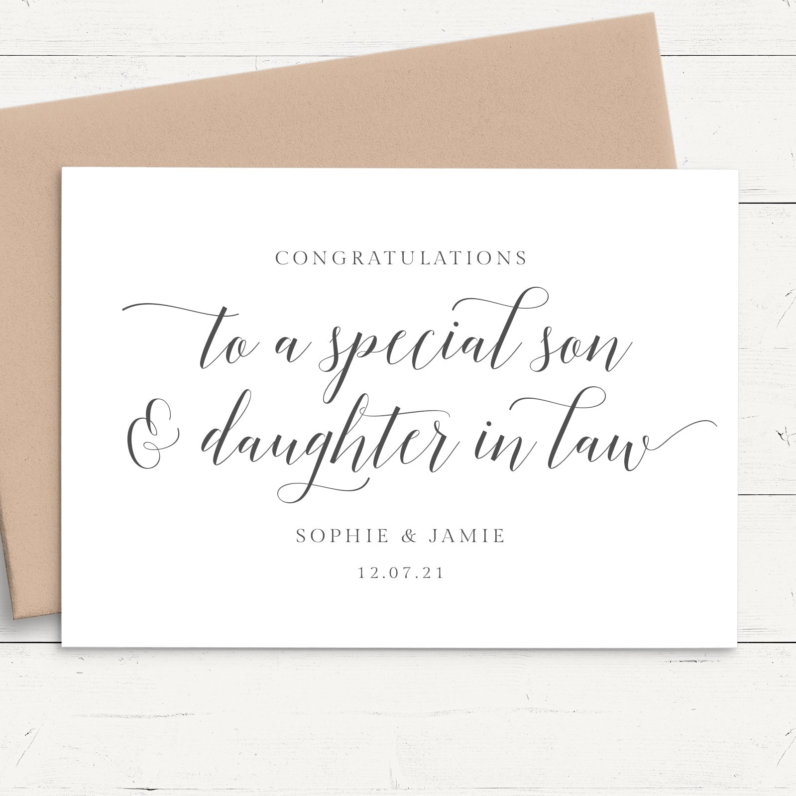 black and white modern script wedding card for son and daughter in law personalised matte smooth white cardstock kraft brown envelope