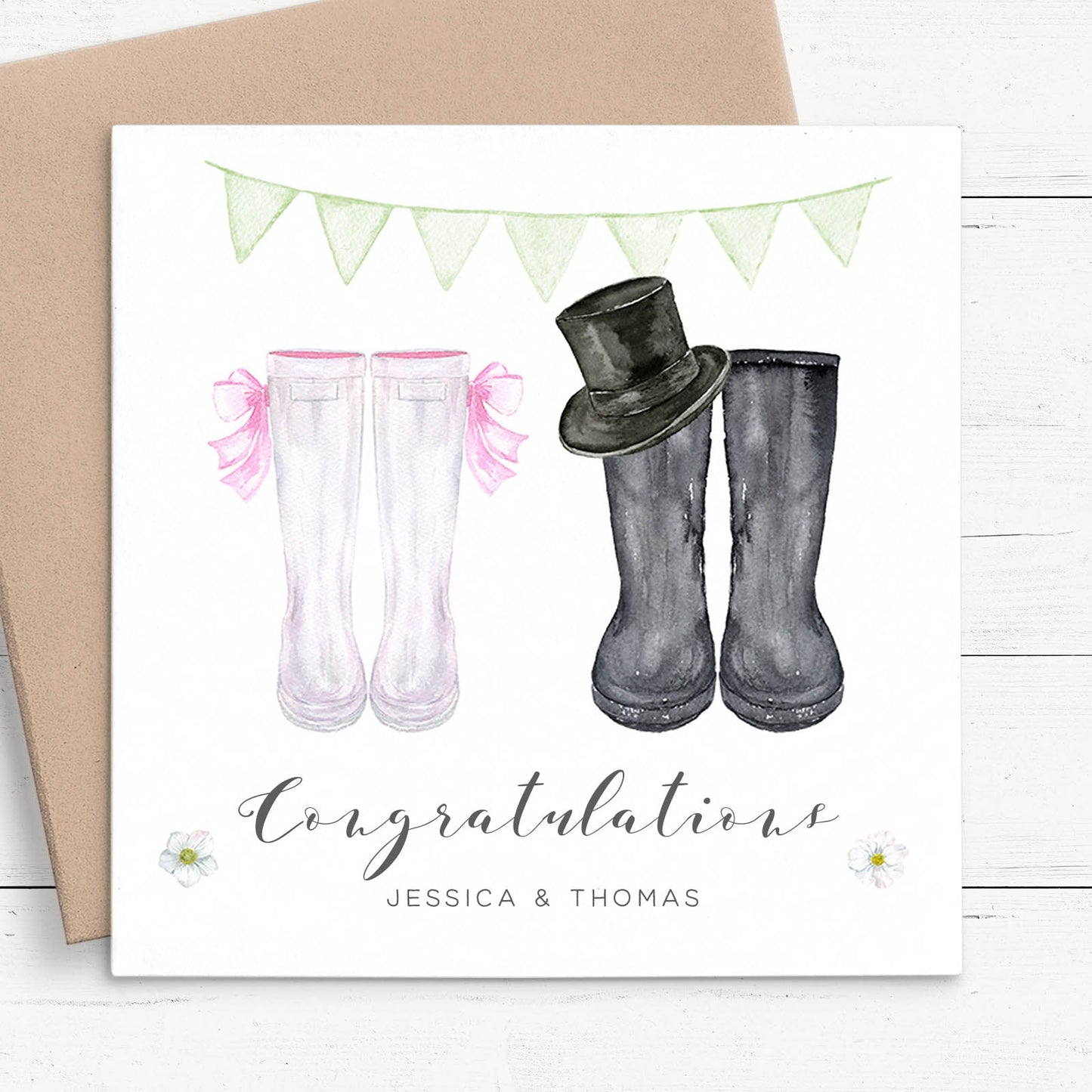 watercolour wellington boots wedding card bride and groom personalised matte smooth white cardstock kraft brown envelope