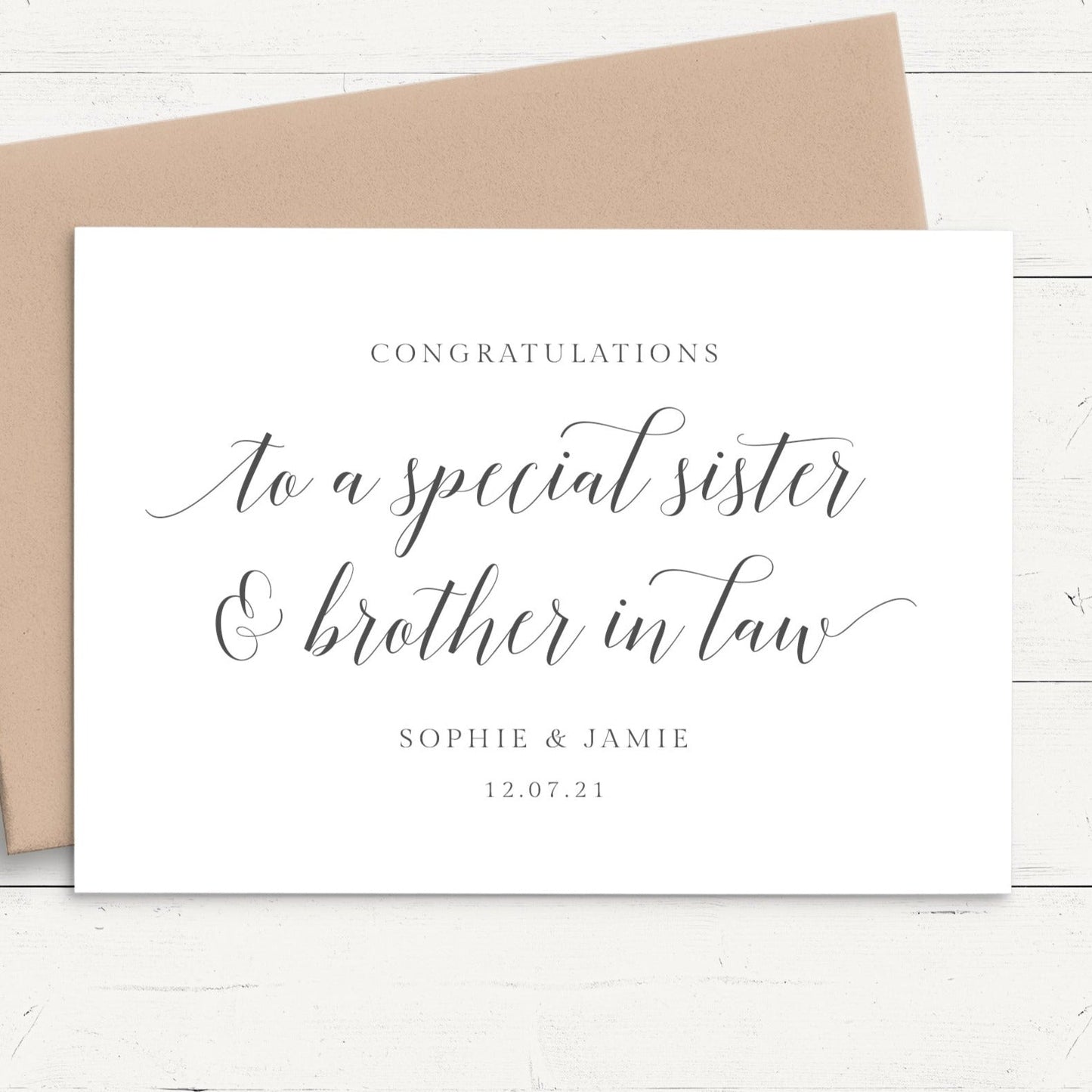black and white modern script wedding card sister and brother in law personalised matte smooth white cardstock kraft brown envelope