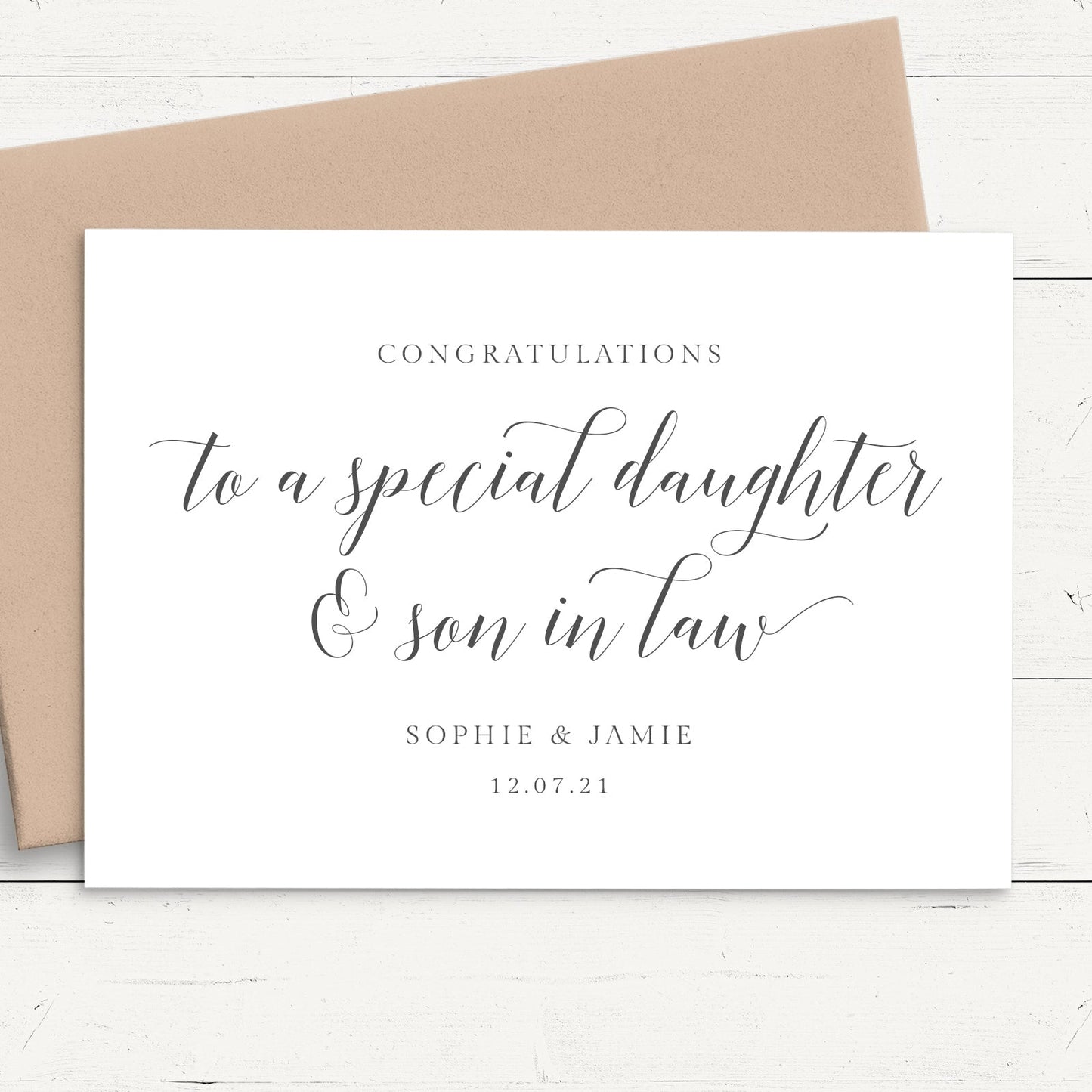 black and white modern script wedding card daughter and son in law personalised matte smooth white cardstock kraft brown envelope