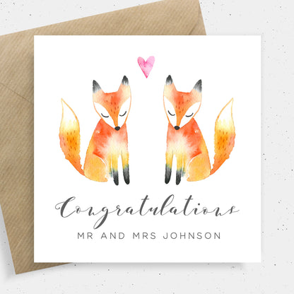 watercolour fox wedding card couple personalised matte smooth white cardstock kraft brown envelope