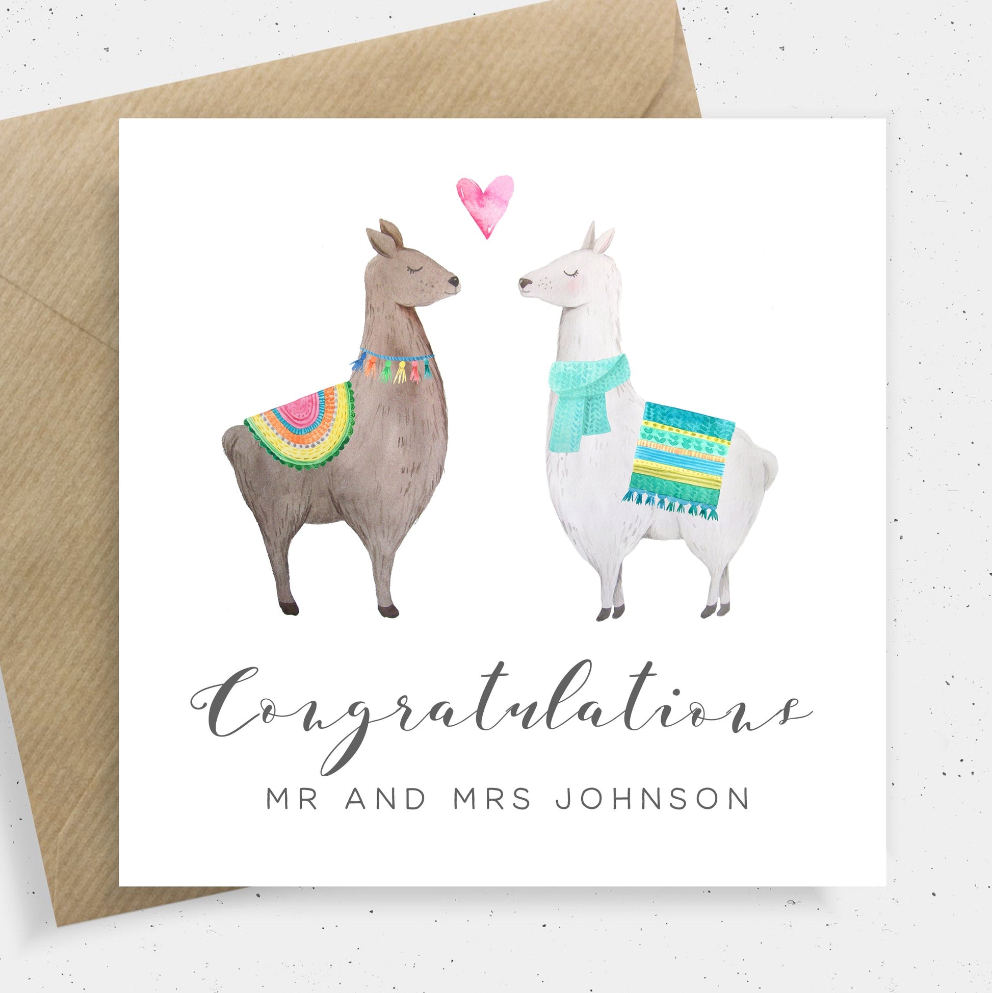 watercolour llama wedding card couple personalised matte smooth white cardstock kraft brown envelope