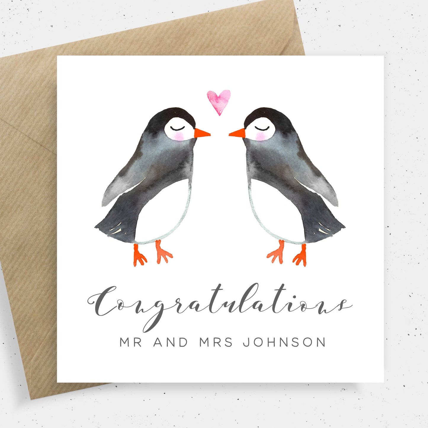 Personalized Wedding Cards Congratulations, Watercolour Penguin