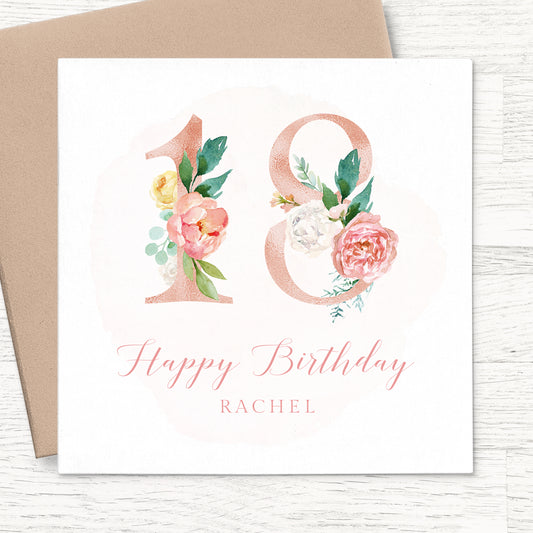 womens pink floral 18th birthday card personalised smooth matte white cardstock kraft brown envelope